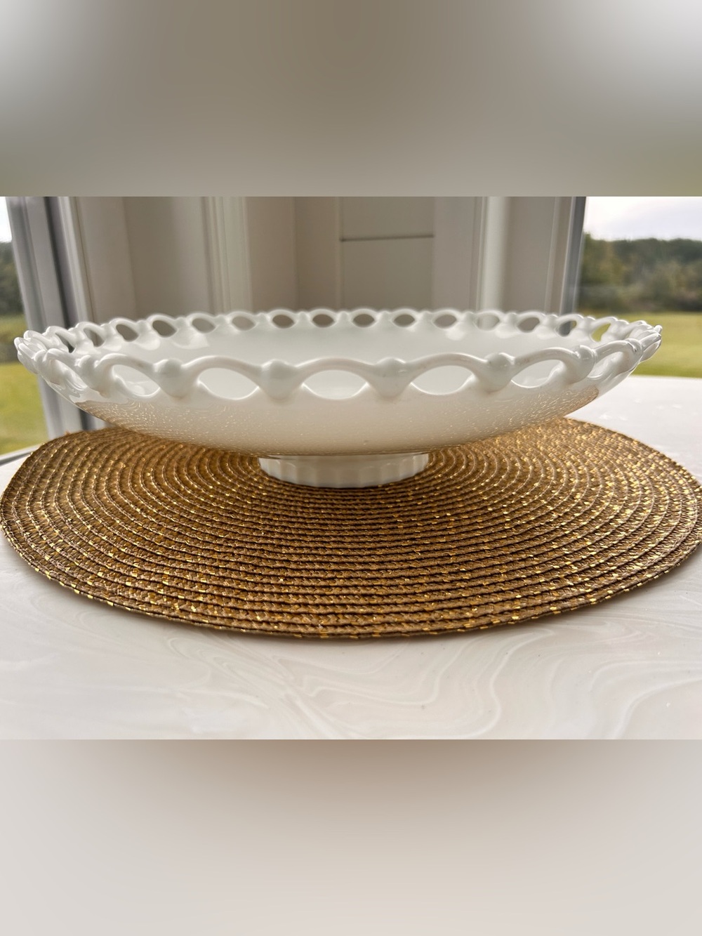 Westmoreland White Milk Glass Pedestal Bowl open lace Doric centerpiece 12.5